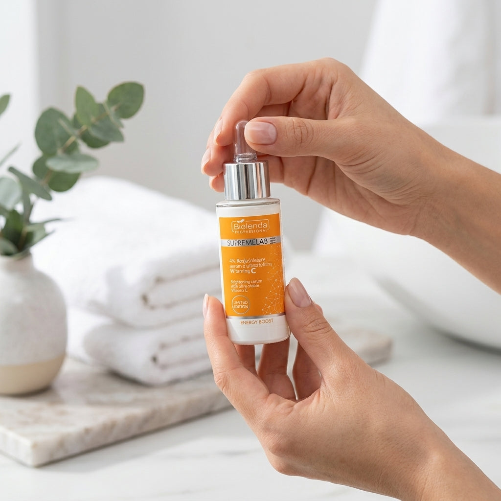 Bielenda Professional Supremelab Energy Boost Brightening Serum use-context image in a bright spa setting