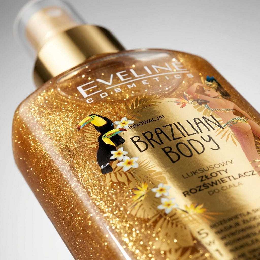 Eveline Brazilian Body Highlighter macro detail showing golden liquid shimmer texture