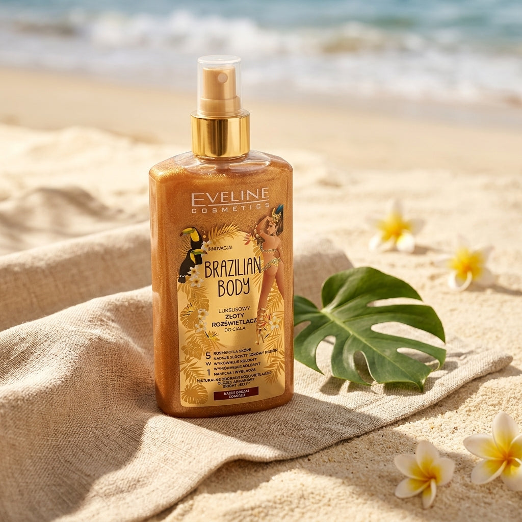 Eveline Brazilian Body Highlighter on beach towel under warm natural sunlight - Lifestyle scene