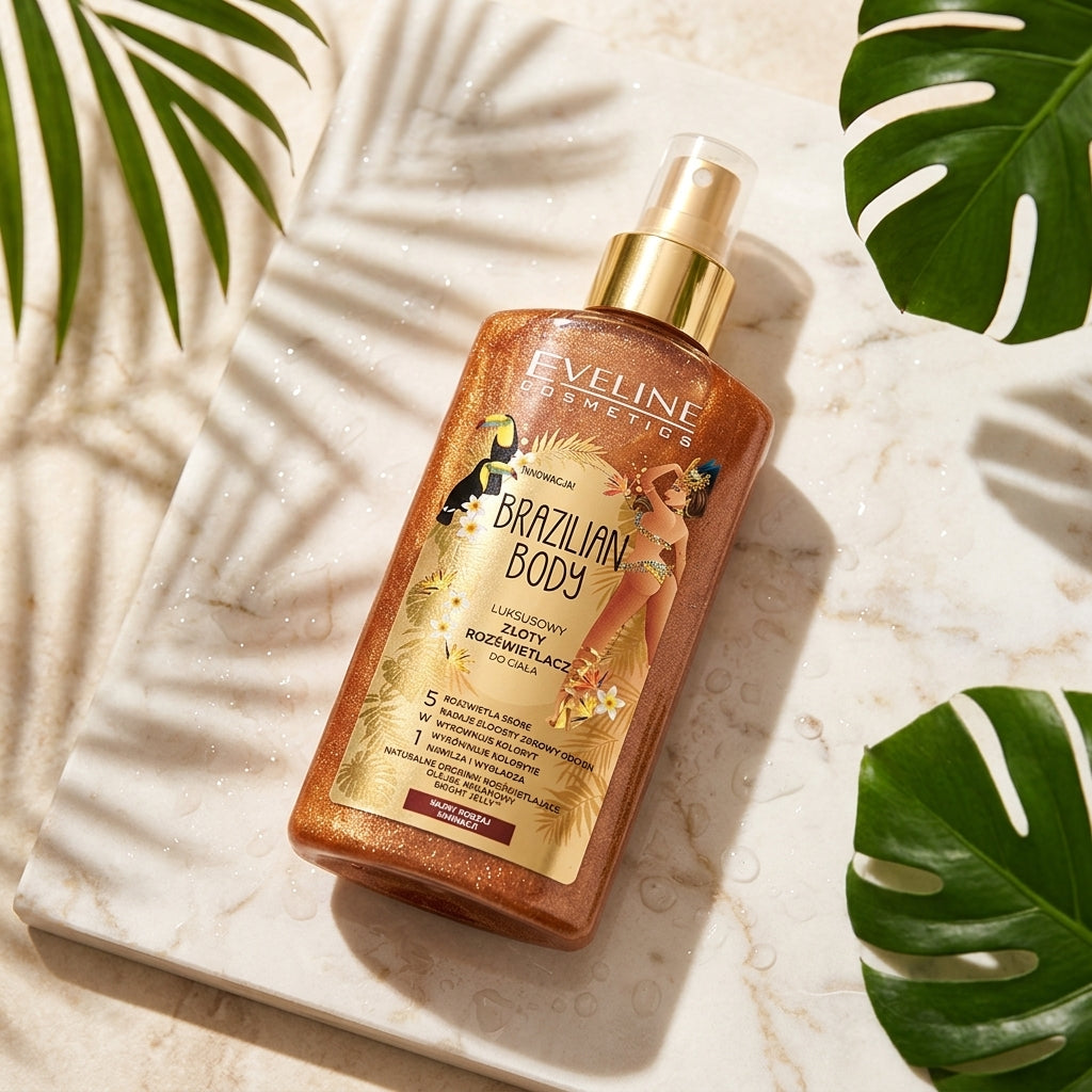 Eveline Brazilian Body Highlighter bottle on premium light-colored marble with water drops